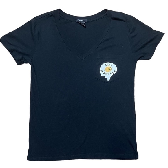 FOREVER 21 Womens Black Solid V-Neck Graphic T-shirt with pocket Small Cotton - Picture 8 of 16